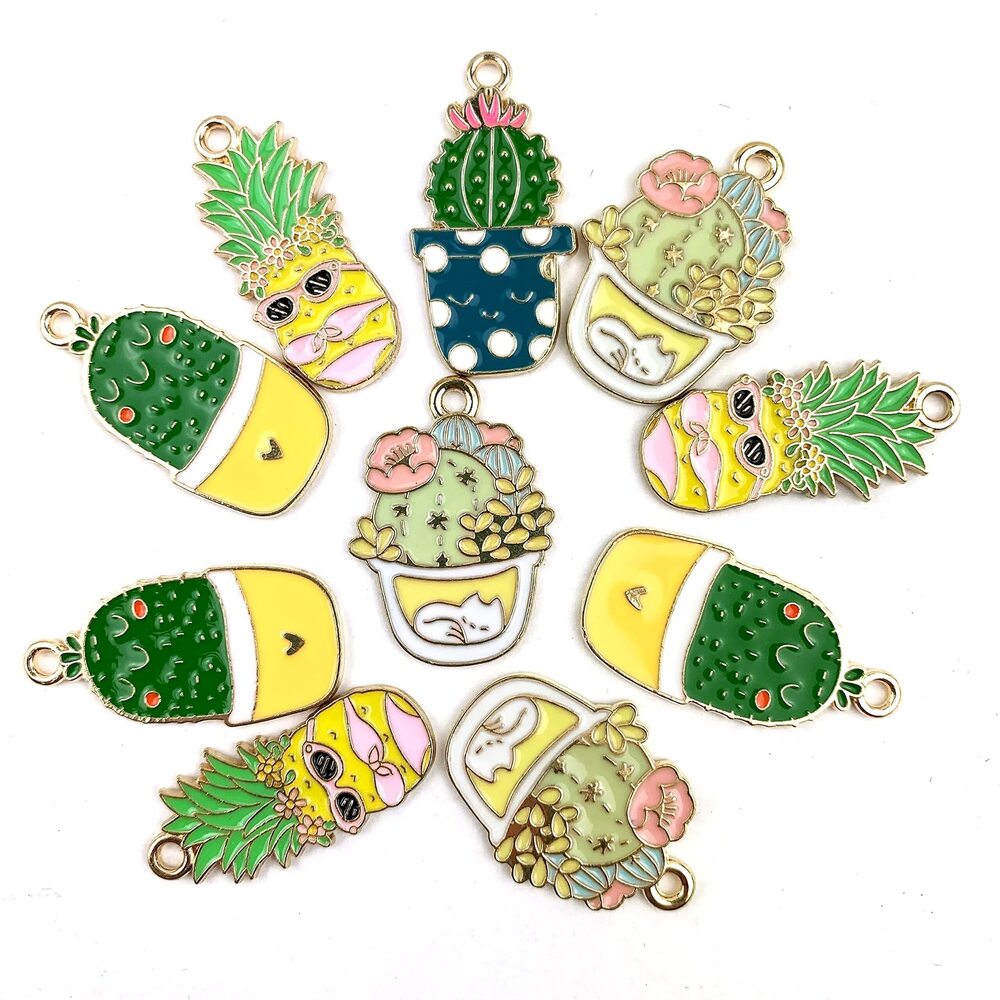 4157 10PC Gold Plated Mix Cactus Pineapple Flower Plant Alloy Enamel Charms